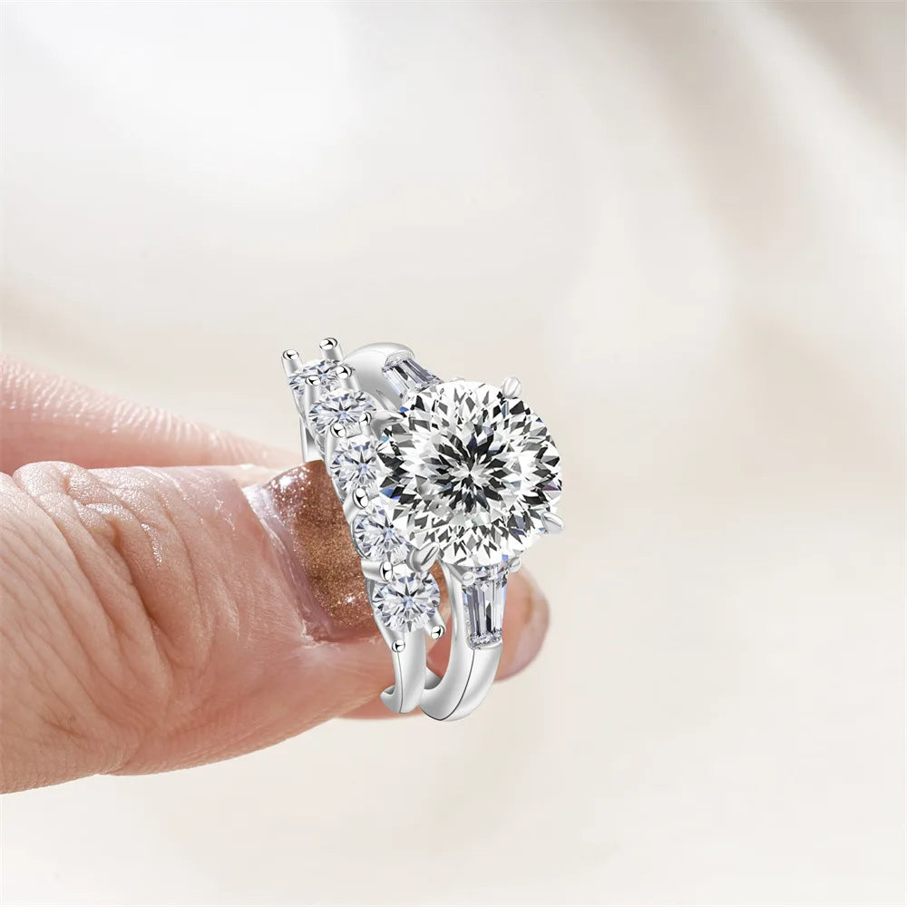 Saudi Arabia Silver Rings with Luxury S925 Sterling Silver Jewelry 6.5carat Gra Certificate Moissanite Ring Set Birthday Gift