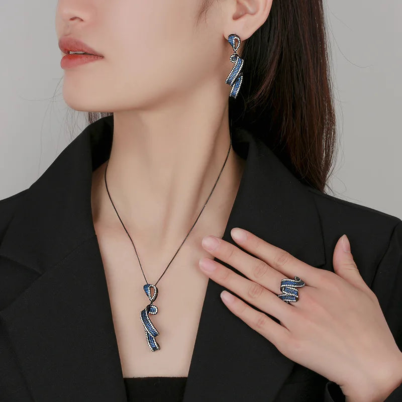 Gemfiori European and American Romantic Valentine's Day Micro Inlaid Zircon Pendant Ring Earring Set Exquisite Fashion Accessories