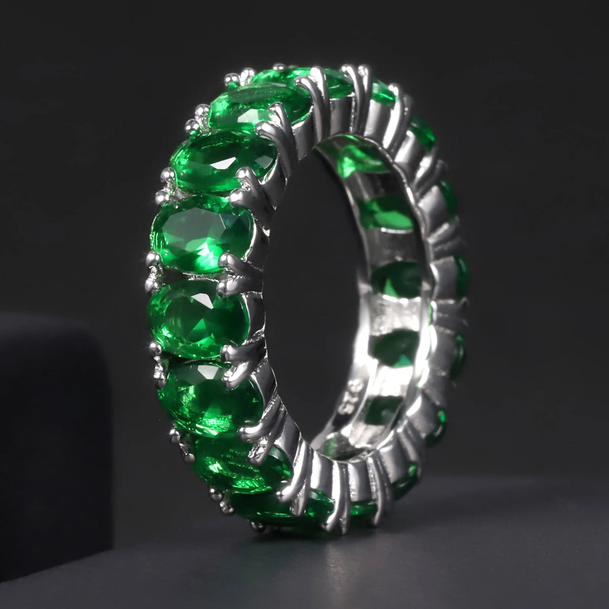 ArtistA C7530 Abiding Oval 4*6MM Colored Gemstone Eternity Band Glass Blue Sapphire Emerald Cubic Zirconia 925 Silver Band Ring