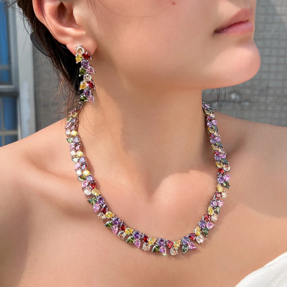 Super Luxury Cubic Zirconia Necklace and Earrings Set Women Colorful Jewelry Set for Party Prom Wedding Dress Accessories