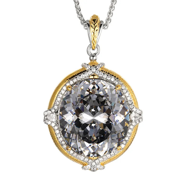 REDheart Fashion Trendy Black Gray Oval Brass Zircon Plating Flower Design Women's Pendant Set 18K Gold Plated Two-Color Opening Ring