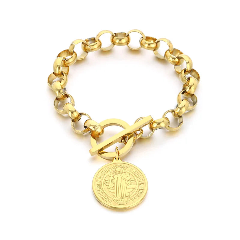 Kalen European and American Portrait Round Pendant Round Bead Chain OT Clasp Hiphop Necklace Stainless Steel Jewelry Set