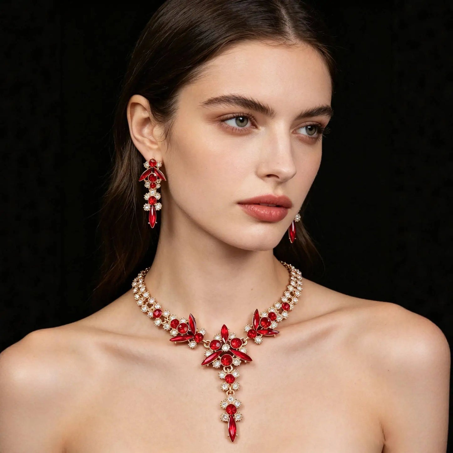 XM S340 Champagne Crystal Zircon Floral Necklace & Earrings Set