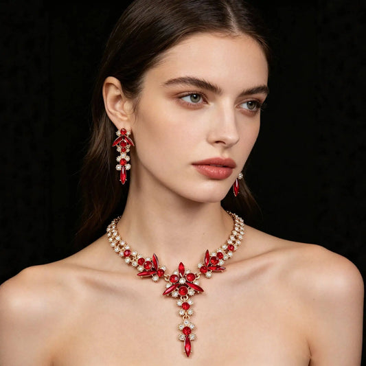 XM S340 Champagne Crystal Zircon Floral Necklace & Earrings Set
