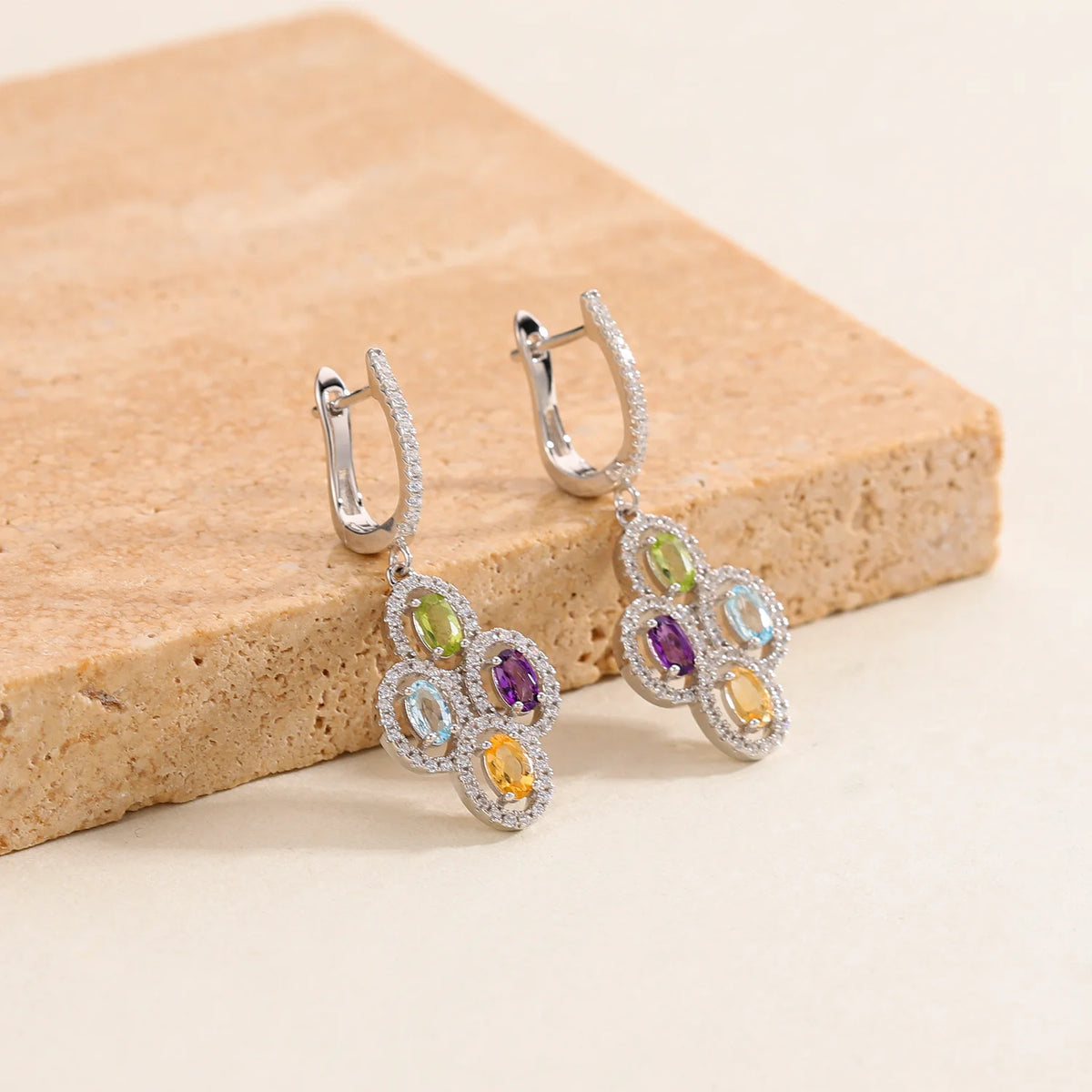 ArtistA Abding 925 Sterling Silver Natural Mix Gemstones Thailand Necklace Earrings Ring Clover-inspired Jewellery Set for Evening Party