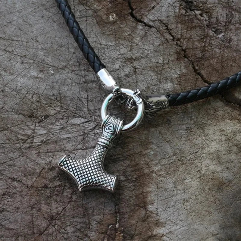 REBEL VIKING Dragon Head & Mjolnir Thor Hammer Pendant Necklace – Stainless Steel