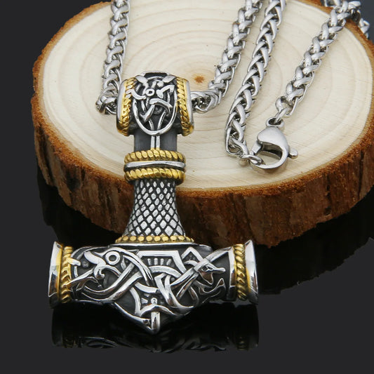 Viking Odin Amulet Necklace for Children Titanium Steel Thor Hammer Pendant Diamond Embossed Stainless Steel Link Chain Buddhism