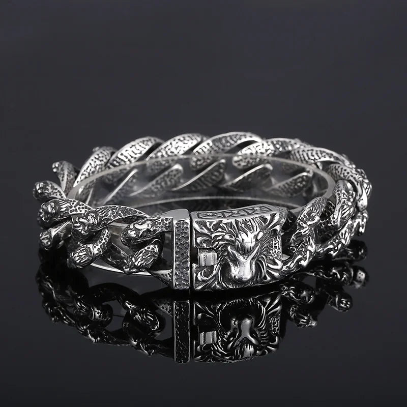 VIKING Mens Punk Lion Head Pattern Link Bracelet – Silver Stainless Steel
