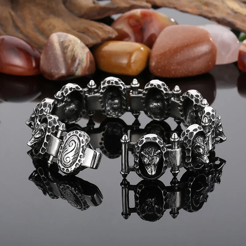 KALEN 230mm Punk Stainless Steel Wolf Head Charms Links Bracelet for Men