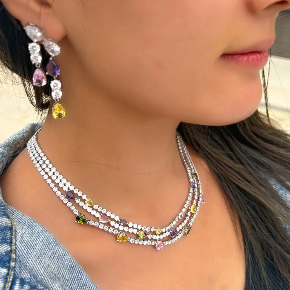Fashion Rhodium Plated 3 Layer Multicolor Cubic Zirconia Water Drop Women's Party Earrings and Necklace Jewelry Set for Bridal