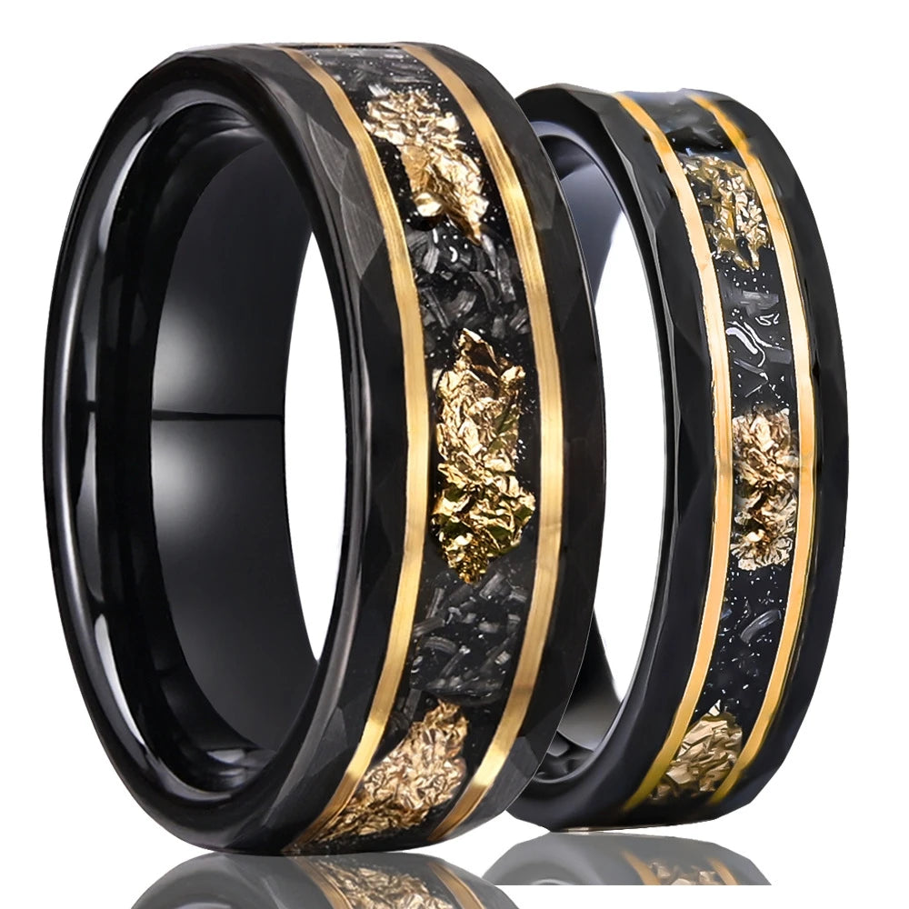 OAHLAN 8/6mm Faceted Black Tungsten Carbide Rings Meteorite Gold Foil Inlay Men Women Wedding Bands Engagement Matching Rings