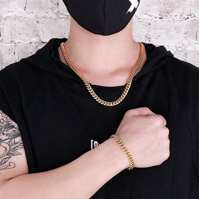 REBEL Fashion Jewelry Luxury Gold Set Dubai Gold Plating Men Charms Bracelets Necklaces Stainless Steel Jewelry Sets