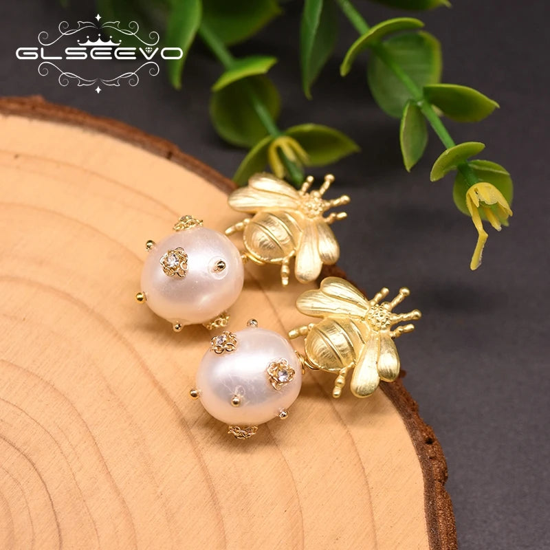 Natural Freshwater Big Pearl Drop Earrings for Women Wedding Engagement Bee Dangle Earrings Fine Jewelry