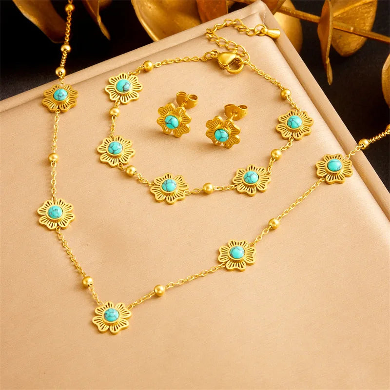 Gold Turquoise Flower Necklace, Earrings & Bracelet Jewellery Set | Boho Luxury Set