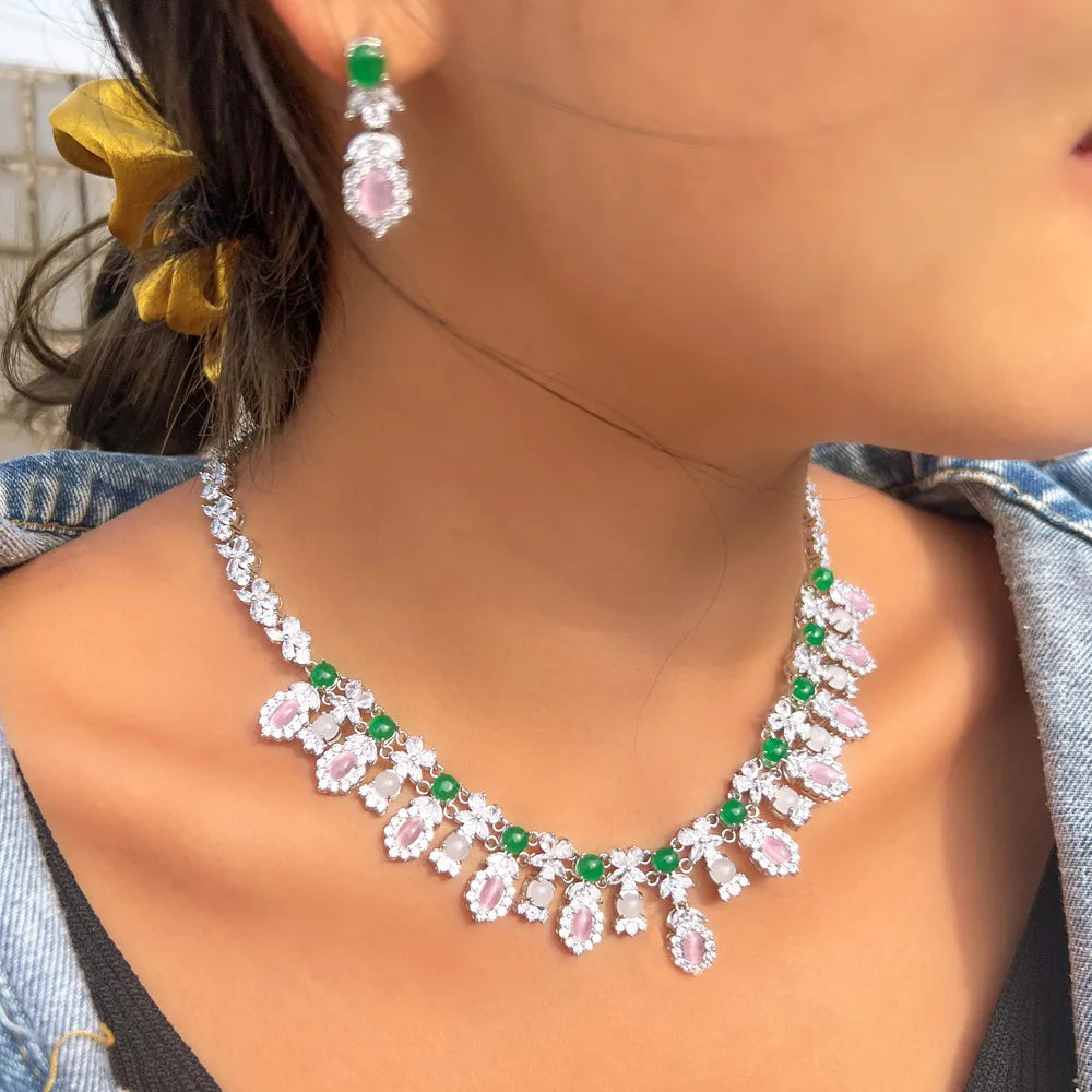 Women Fancy and Elegant Leaf Flower Shape Pink CZ Necklace Earrings Green Opal Cubic Zirconia Wedding Jewelry Set for Bridal