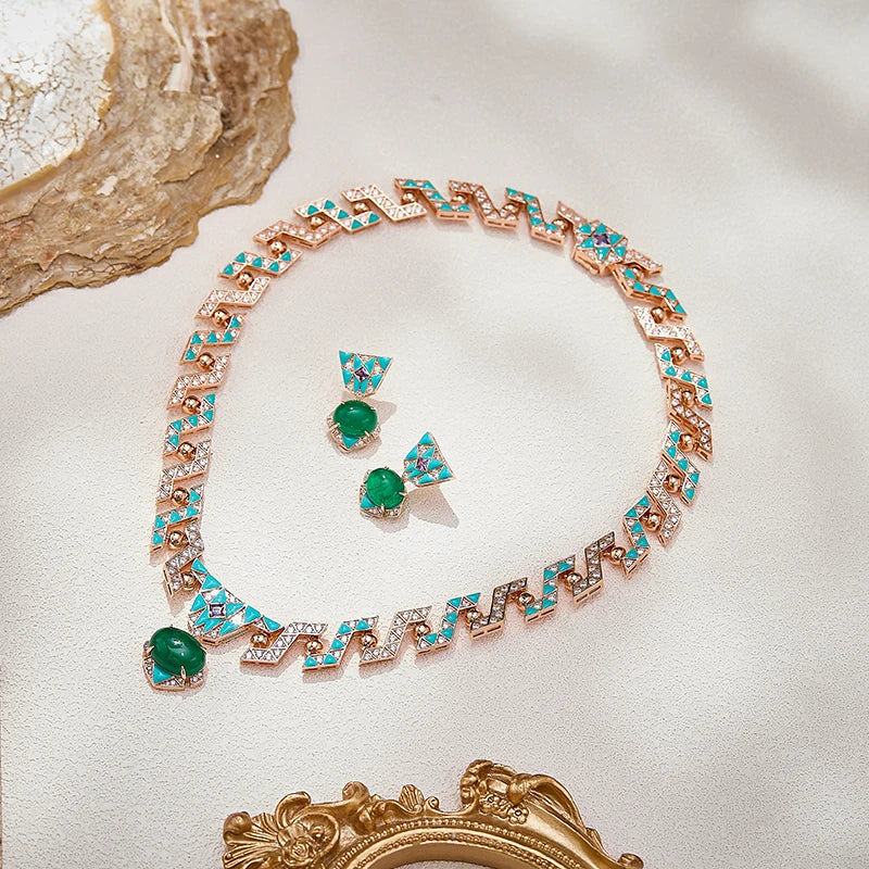 Bohemian Style Enamel Green Zirconium Necklace Earrings Two-piece Set Rose Gold Gold-plated High-quality Wedding Jewelry