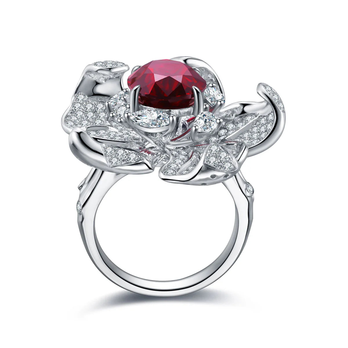Gemfiori Anster Oval Shape 9k 10k 14k 18k Lab Created Ruby Flower Rings for Women Ring Trendy Style Jewelry