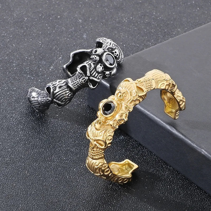KALEN Men Punk Stainless Steel Fashion Bracelets & Bangles Skull Charm Open Cuff Charm Bracelet