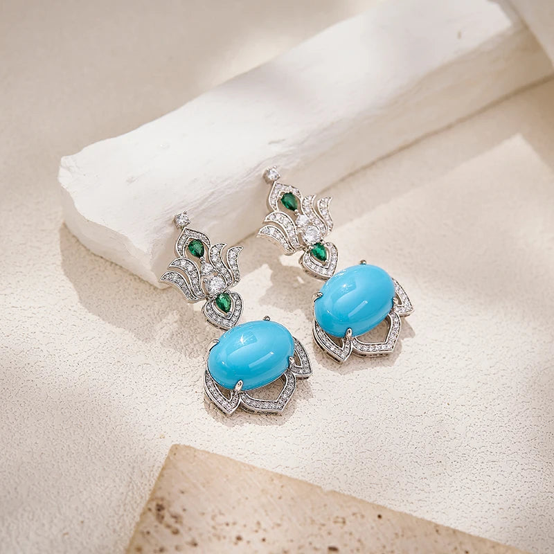 Turquoise Blue Retro Hollow Iris Flower Shaped Sexy Women's Brass Zirconia Necklace Earrings 2-piece Set Dubai Wedding Jewelry