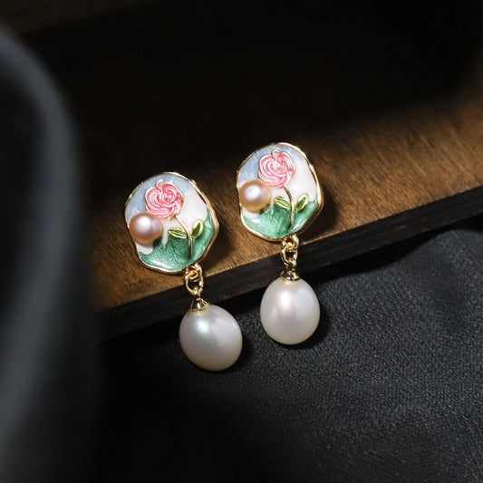 Natural Freshwater Pearl Rose Vintage Earrings Korean Style Women Luxury Jewelry Fashion Ladies and Girls Gift GE1568