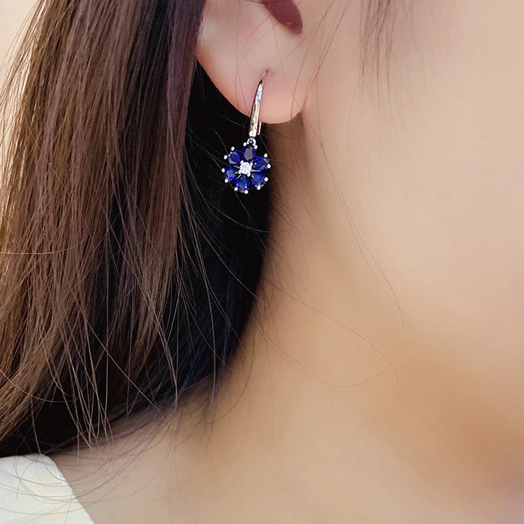 Gemfiori Jewelry Flower Shape Lab Ruby Sterling Silver 925 Jewellery Dangle Drop Earrings for Girl