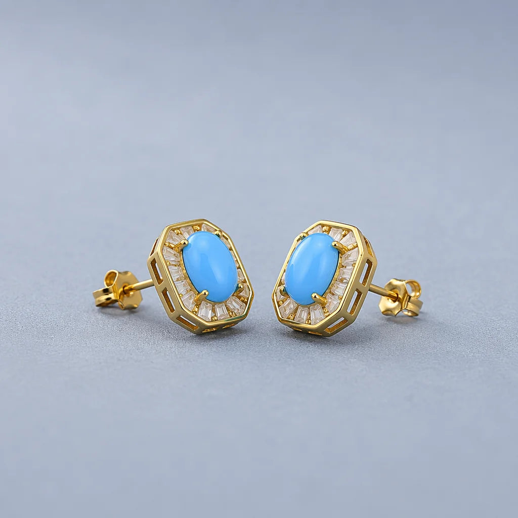 Gioiellieri Natural Turquoise Earrings 925 Sterling Silver December Birthstone Fine Jewelry Set for Women Sky Blue Cabochon Stud Dangle