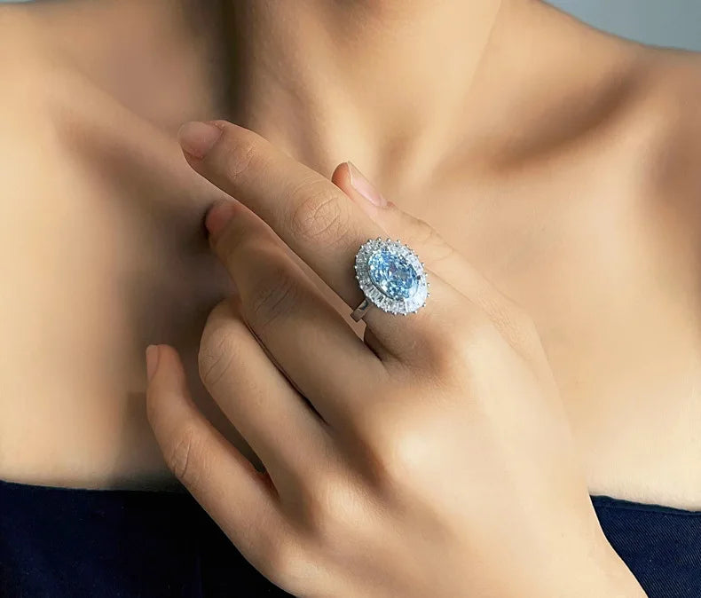 MuShan Jewelry Factory 6.5ct Female Lead Shape 8 * 12 High Carbon Diamond Ice Flower Cut Paraiba Green 925 Sterling Silver Ring