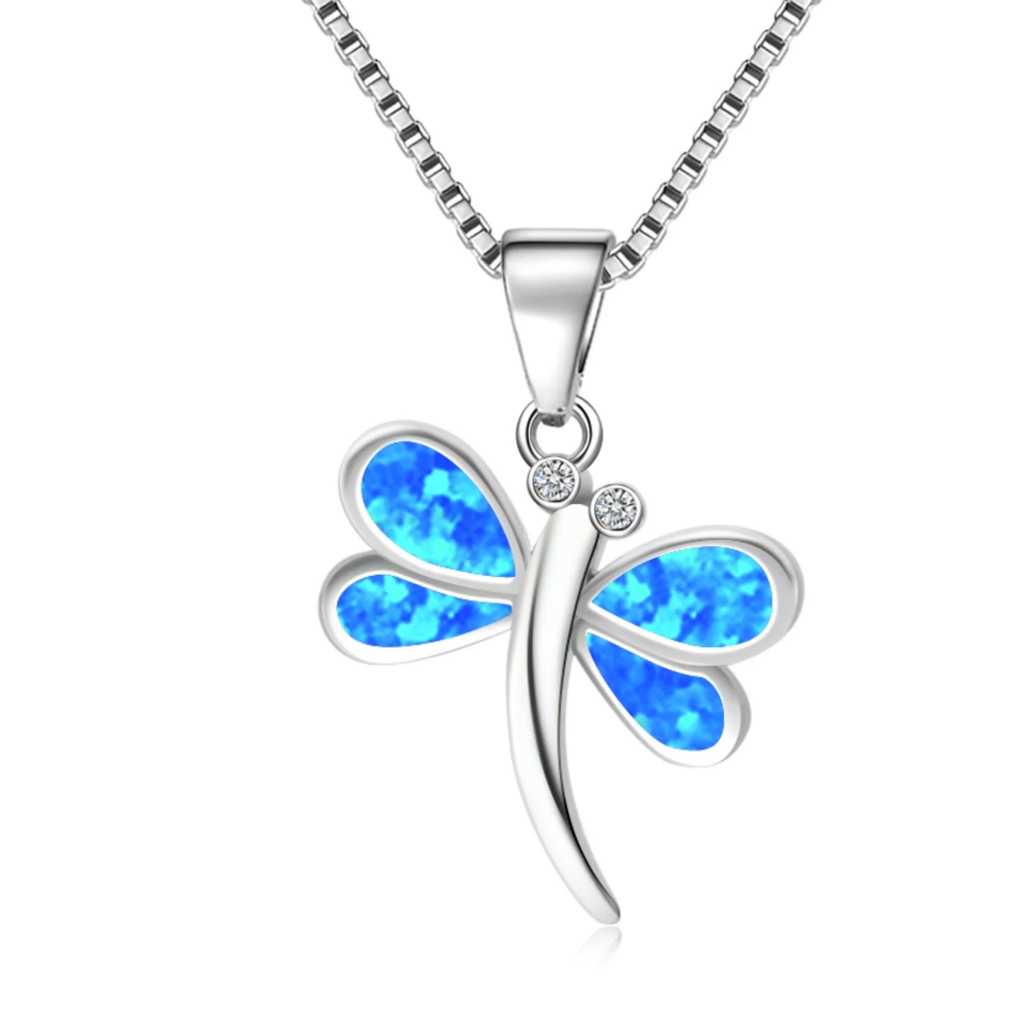 Minimalist Blue Opal Dragonfly Pendant | Copper Silver Plated Box Chain Lariat Necklace-Trendy Women's Gift
