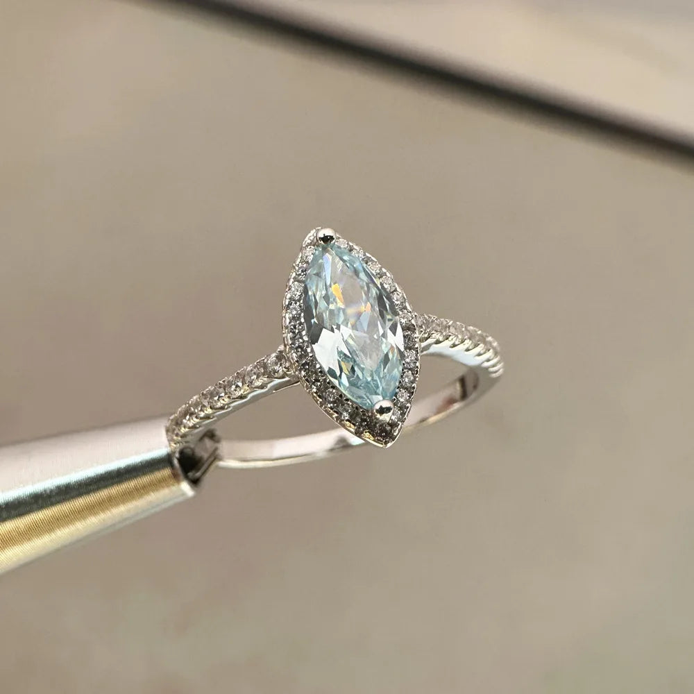MuShan Jewelry Factory New 5 * 10 Horse Eye Sea Blue Diamond Ring Women High Carbon Diamond S925 Pure Silver Full Diamond Ring