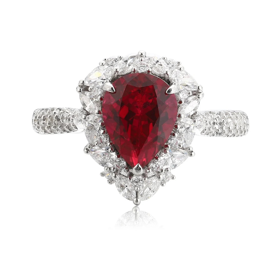 Gemfiori Retro Design Pear 2.4ct Lab Grown Ruby Sterling Silver 925 Engagement Ring Rhodium Plated Prong Setting Personalized Wedding