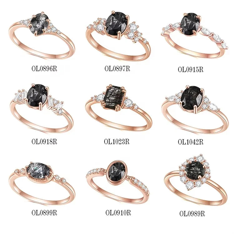 Gemfiori Abiding OEM Factory Direct Sale Rose Gold Plated 925 Sterling Silver Natural Black Rutilated Quartz with White CZ Side Stones