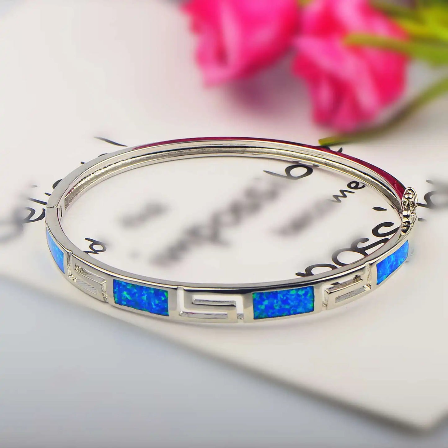 Shimmering Blue Opal Bangle Aobao Greek Key Geometric Design Silver Tone Jewelry