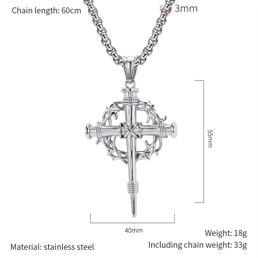 Thorn Wreath Cross Religious Anti Non Tarnish WaterProof Stainless Steel Fashion Jewelry Pendant Necklaces for Men Wholesale