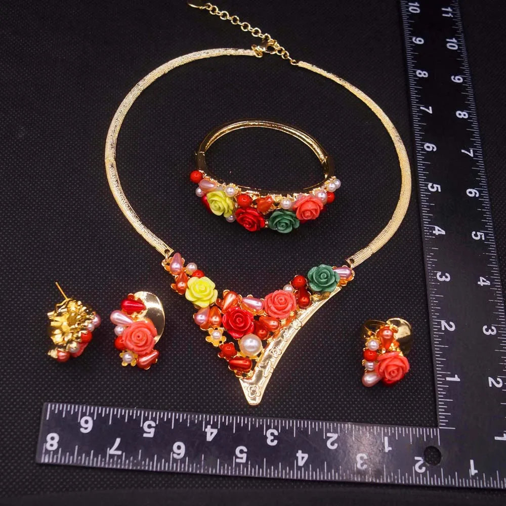Zhuerrui Italian Gold Luxury Wedding Jewelry Sets Multi Color Flowers Necklace Bracelet Jewellery Set High-end Luxury H00707