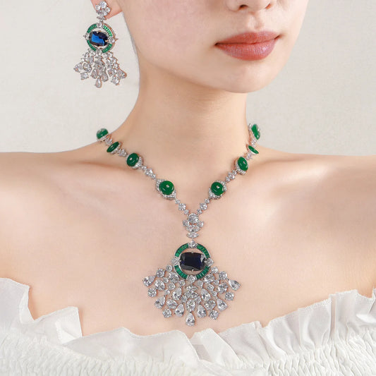 Vintage Emerald Green Zirconia Geometric Necklace & Earrings Set — Rhodium Plated