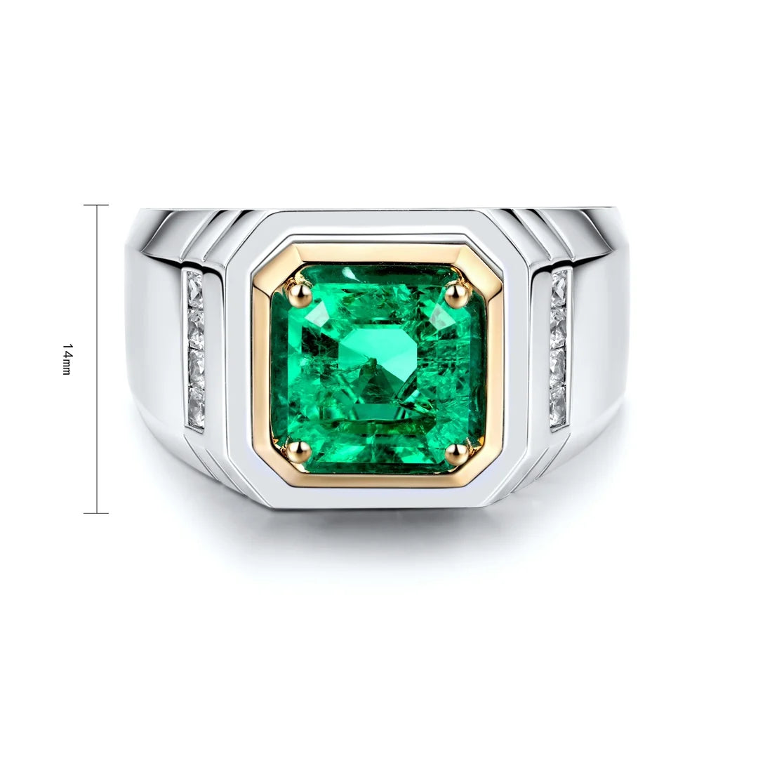Gemfiori HOT~selling S925 Silver Cultivated Emerald Men's Ring Main Stone: 1.63CT Side Stones: 0.38CT Total Weight: 7g