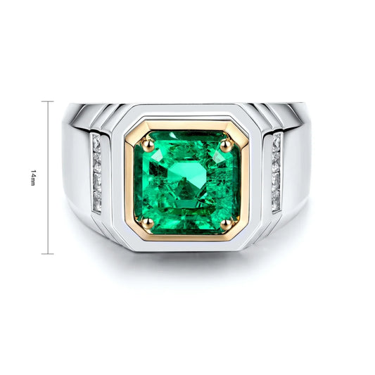Gemfiori HOT~selling S925 Silver Cultivated Emerald Men's Ring Main Stone: 1.63CT Side Stones: 0.38CT Total Weight: 7g