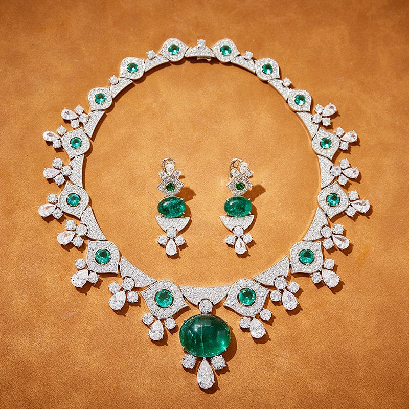 Classic Retro Women's Brass Green Zirconia Necklace Earrings Anti-oxidation Suitable for Wedding Parties Are the Perfect Gift