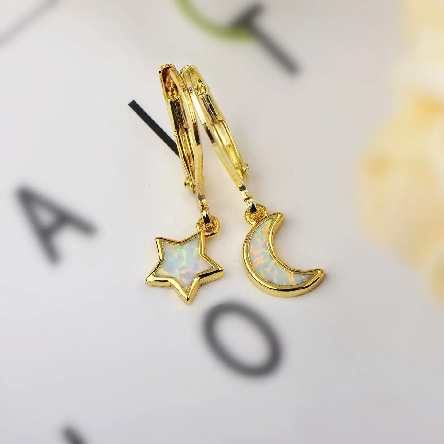 Wish Trending Star Moon Brass Christian Bohemian Style Dainty White Opal Pendant Earrings for Women