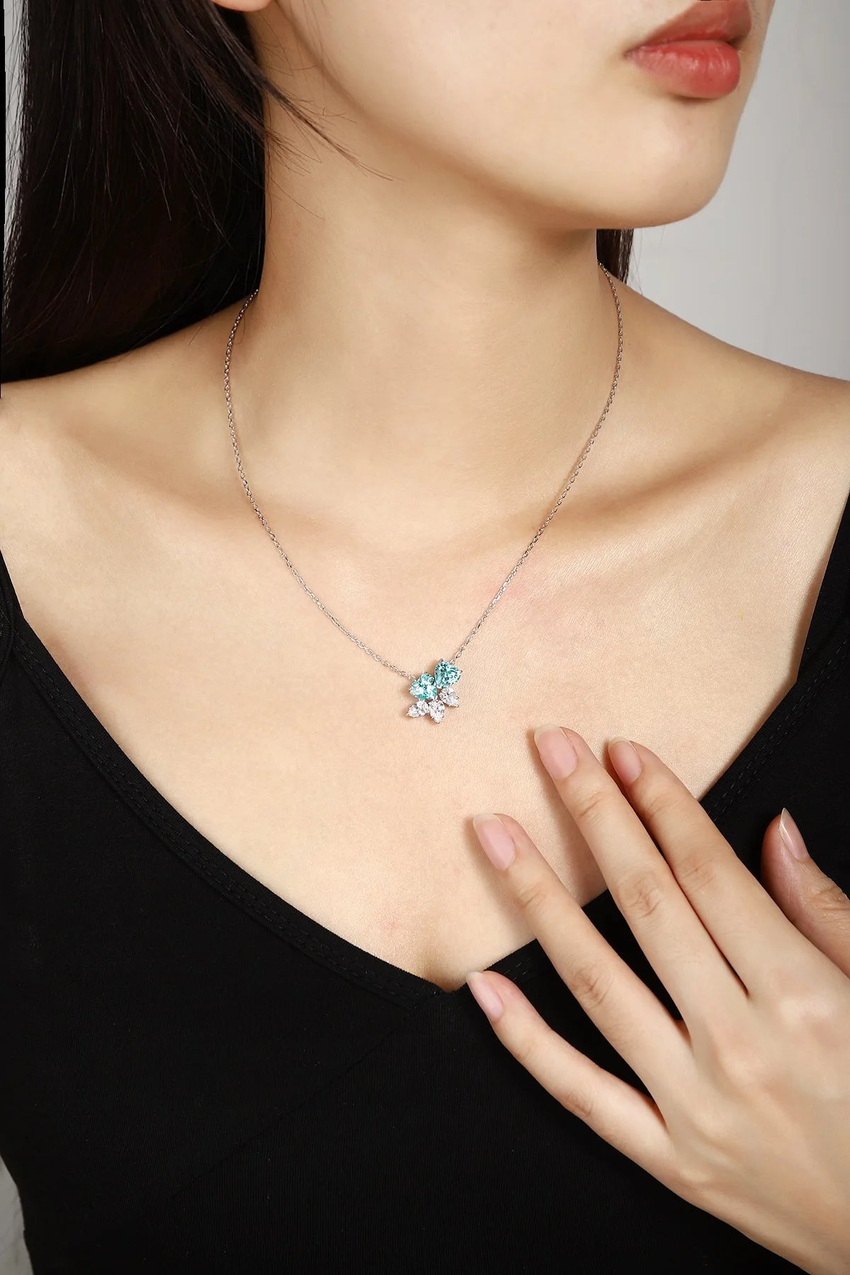 Gemfiori Anster Lab Grown Paraiba Emerald Sapphire Pendant Necklaces Double Heart Shape Chain for Women 925 Sterling Silver Necklaces
