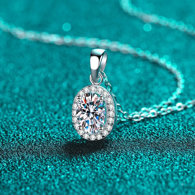 Fine Jewelry 925 Sterling Silver Bezel Set Oval Cut 3 Carat Colorful Moissanite Diamond Halo Pendant Necklaces Women