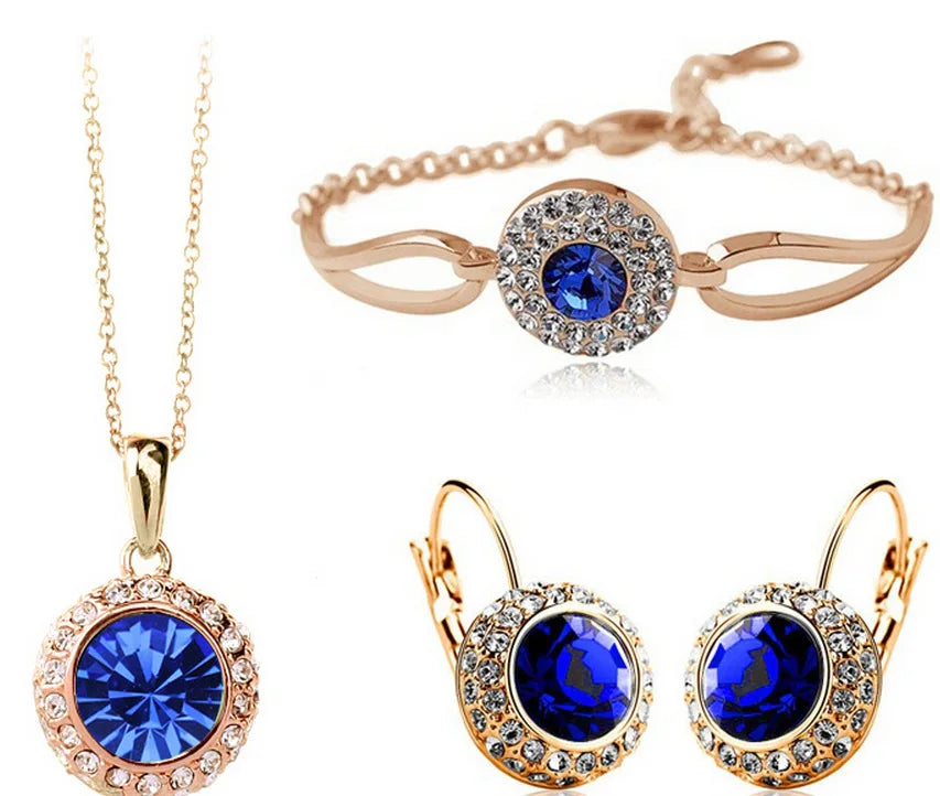 2026 Trendy Gem Stones Earrings/Bracelet/Necklace Big Statement Blue Enamel Vintage Style Gold Plated Jewelry Set for Women