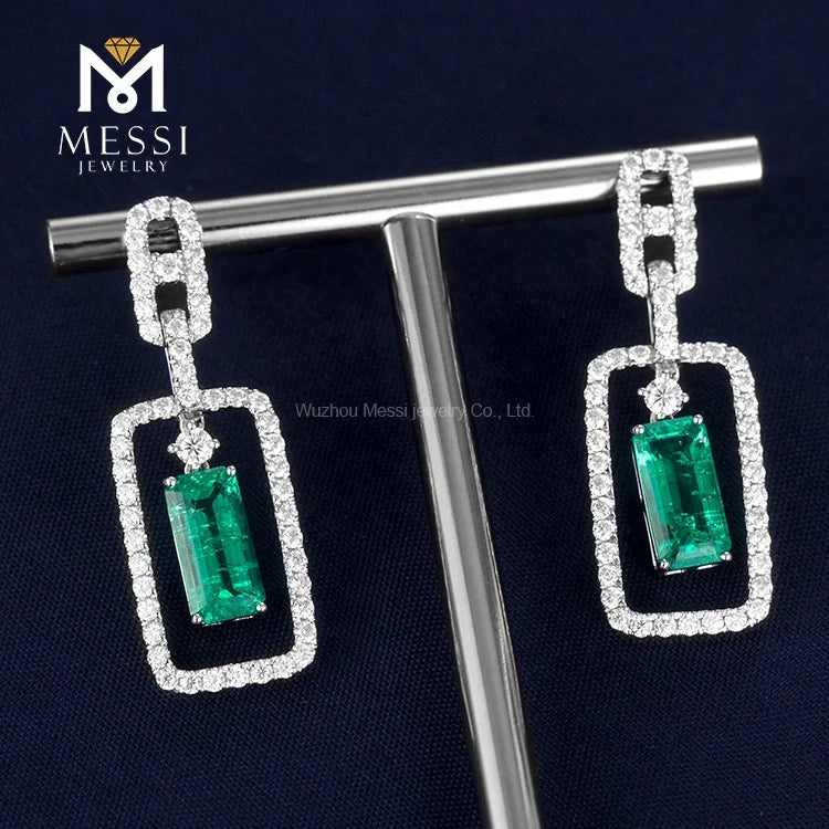 Gemfiori Messi Jewelry Geometric Design Elegant Moissnaite Pendant Earring for Lady 14k 18k Gold Emerald Drop Earring