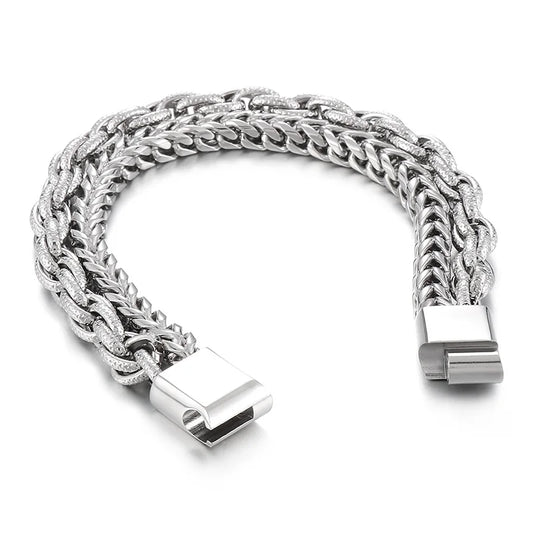 KALEN 220mm Vintage Silver Color Stainless Steel Double Chains Bracelet