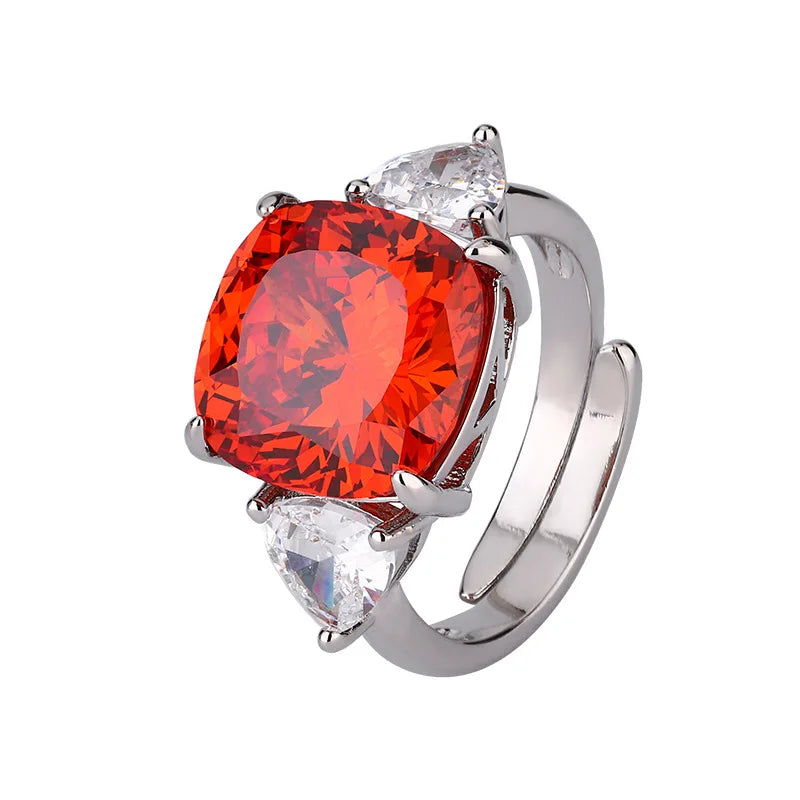 Gemfiori European and American Light Luxury Inlaid square Red Zircon Sugar Pendant Ring Earring Set Bride Wedding Accessories