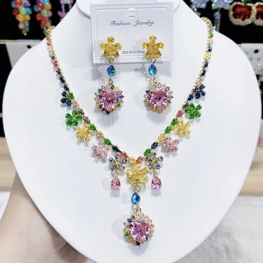 K052 Top Quality Luxury Exquisite Heart and Flower Zircon Necklace Earrings Set Women Elegant Jewelry Set for Party