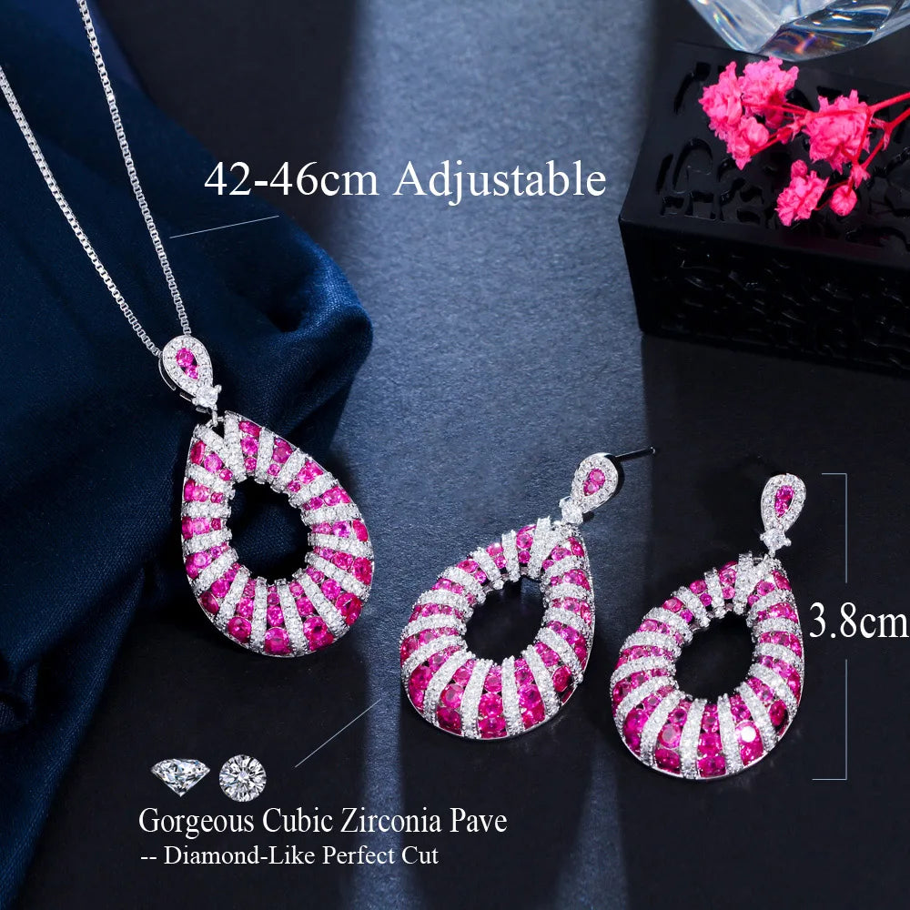 Micro Pave Excellent Fuchsia Red Cubic Zirconia Dangle Pendant Necklace Tear Drop Earring Jewelry Set for Women Festive Prom