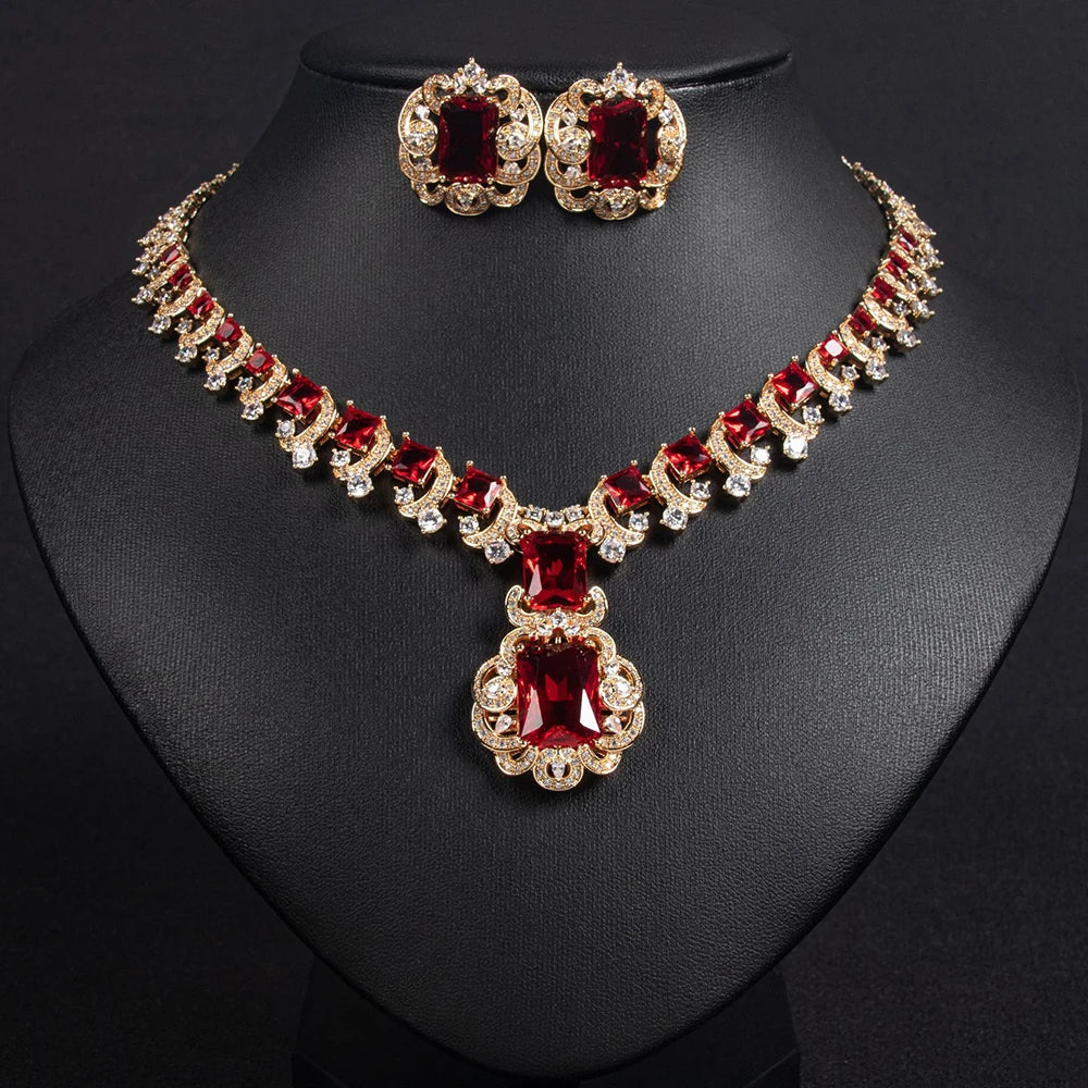 Gemfiori High Quality Luxury Square Pendant Necklaces Earring Sets Ladies Sparkling Zircon Stud Earrings Wedding Engagement Party Jewelry