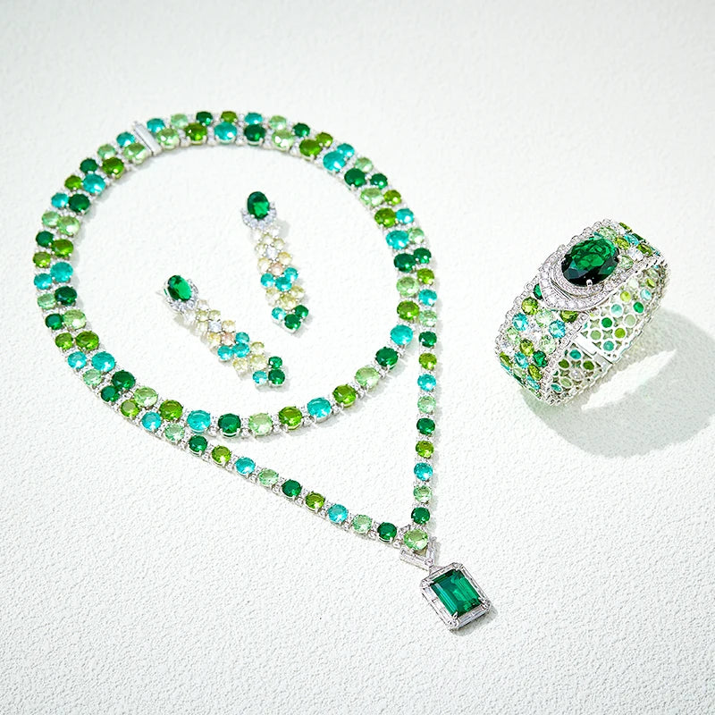High-End Dubai-Inspired Double-Layer Green Necklace Earrings Set Exaggerated Zircon Trendy Wedding Jewelry for Women Engagement