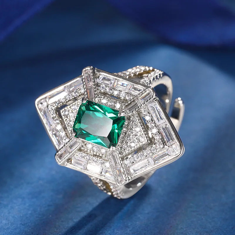 Gemfiori French Style Light Luxury Palace Emerald Zircon Pendant Ring Earrings Retro Niche Design Set